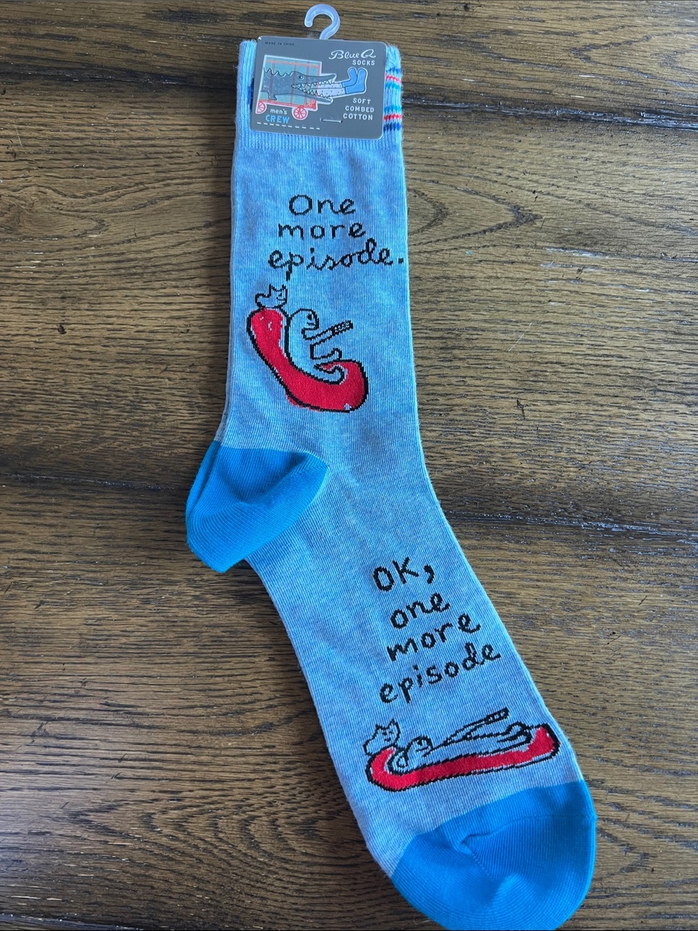 Blue Q Light Blue Crew Socks with Bright Blue Heel & Toe and Red Graphic